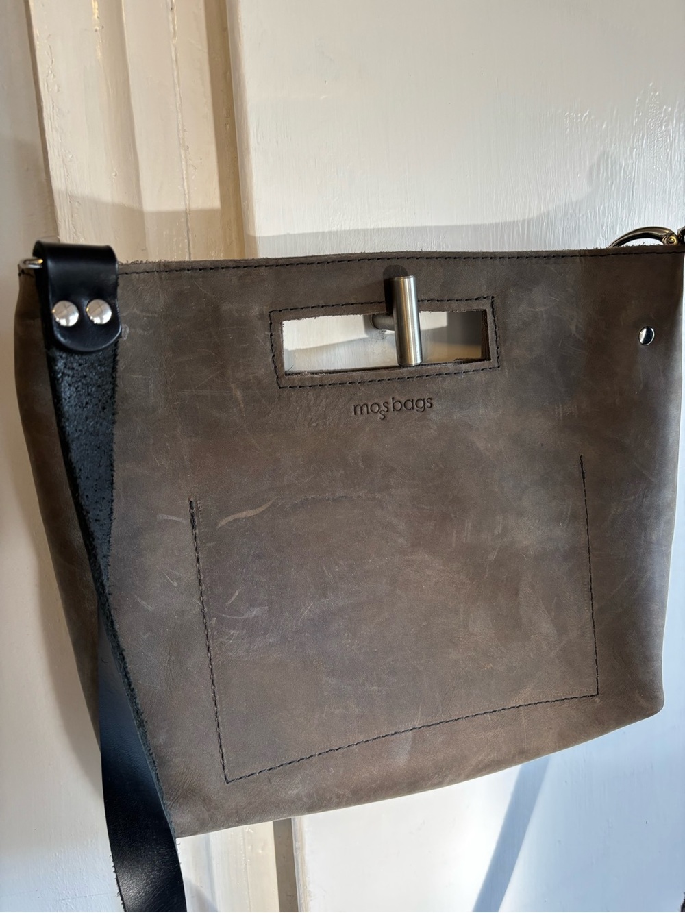 Mosbags Gray Leather Crossbody Bag with Top Handle Cutout